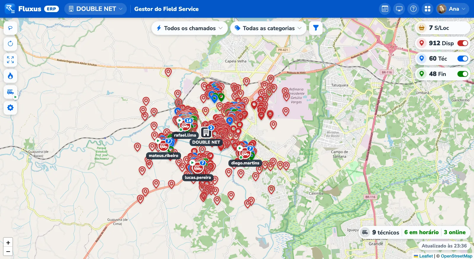 Gestor do Field Service com técnicos e chamados no mapa