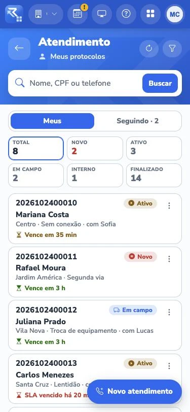 O Atendimento no celular, com os protocolos e o prazo de cada um