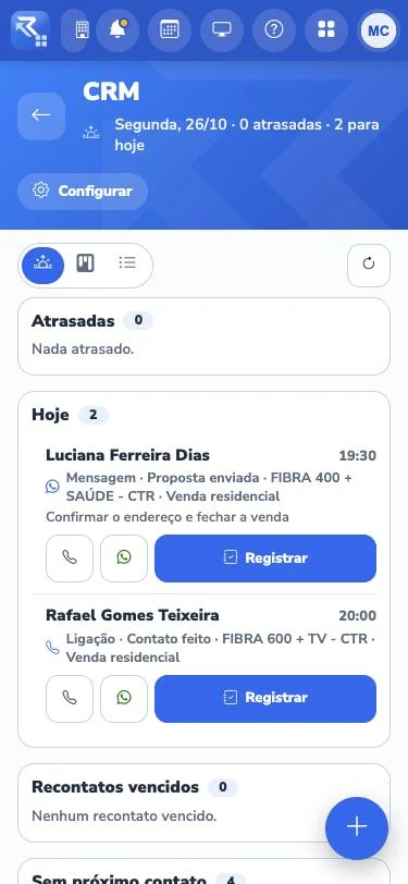 O Meu dia do vendedor no celular, com os contatos atrasados e os de hoje