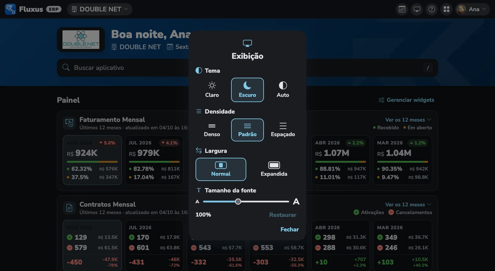 Opções de exibição com o tema escuro